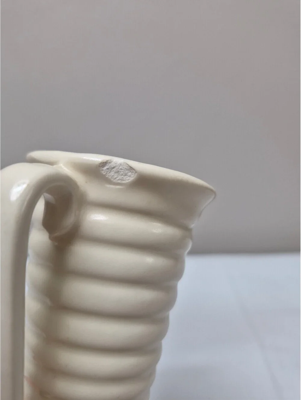 Vintage White Ceramic Ribbed Vase with Dual Handles and USA Marking, J8